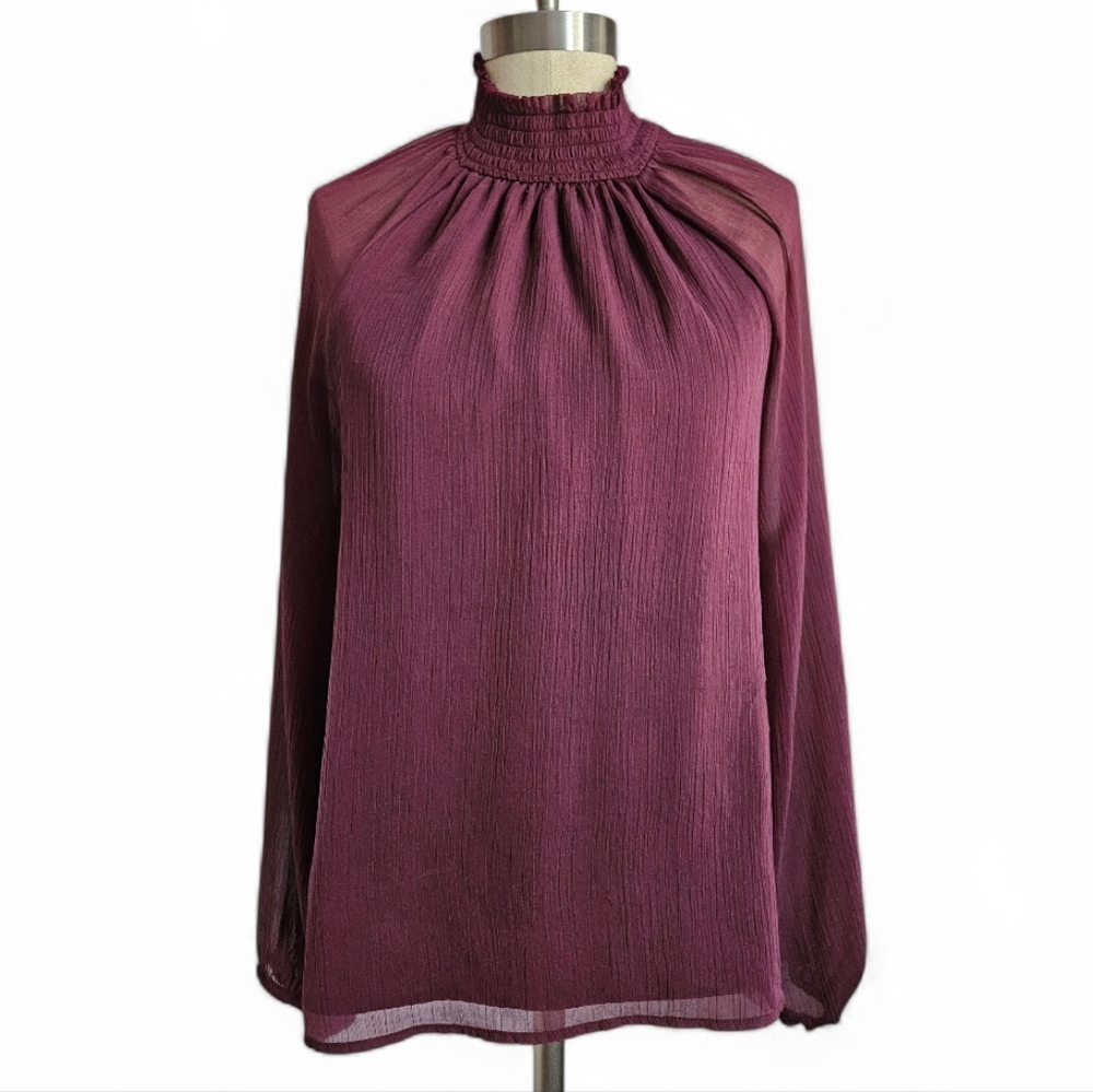 JOIE Long Sleeve Smocked High Neck Sheer Layered Wine Blouse | SZ M - Picture 2 of 10